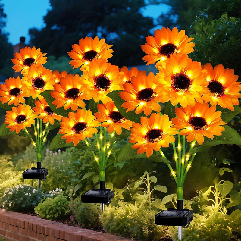 SANDECO Solar Sunflower Lights Outdoor Garden Decor, Solar Flowers Lights with 18 Sunflowers, Waterproof Fall Decor Stake Decorative Light Auto ON/Off for Garden Yard Patio Backyard, Gift for Women (3 Pack) - Image 1